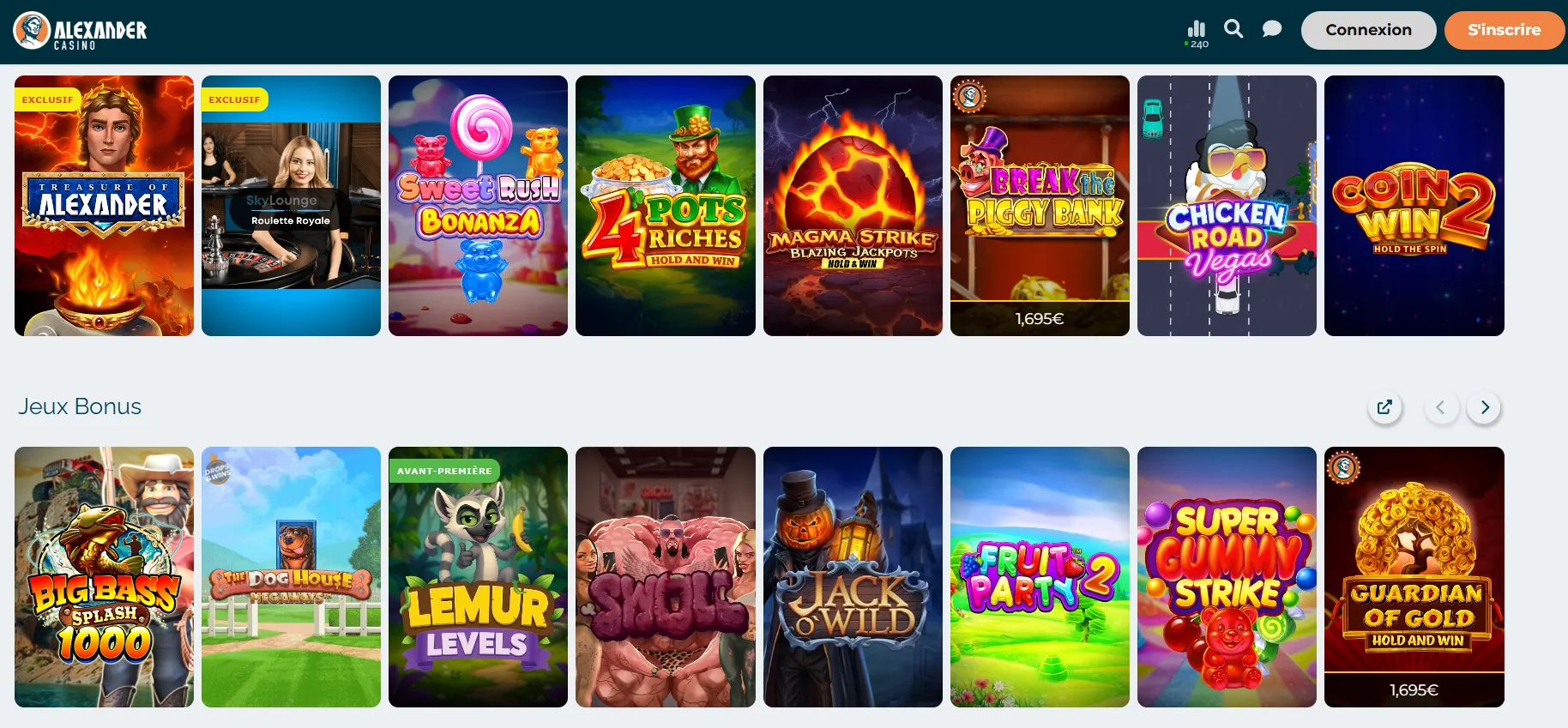 Catalogue des jeux du casino Alexander : volume, fournisseurs et qualité